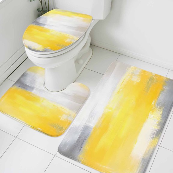 Grey Yellow Bathroom Rugs Set Abstract Art Mottled Oil Painted Texture Modern Non Slip Absorbent Soft Bath Mats 3 Piece Set with Bathroom Rug, U-Shaped Floor Mat, Toilet Seat Cover Small Size