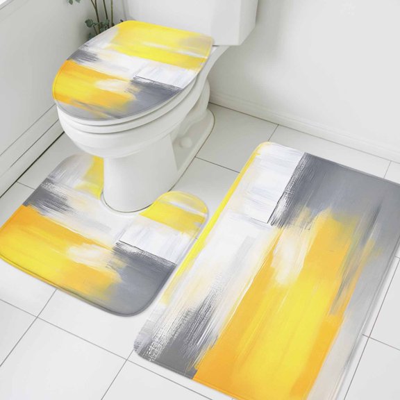 Grey Yellow Bathroom Rugs Set Mottled Oil Painted Texture Abstract Modern Art Non Slip Absorbent Soft Bath Mats 3 Piece Set with Bathroom Rug, U-Shaped Floor Mat, Toilet Seat Cover Small Size