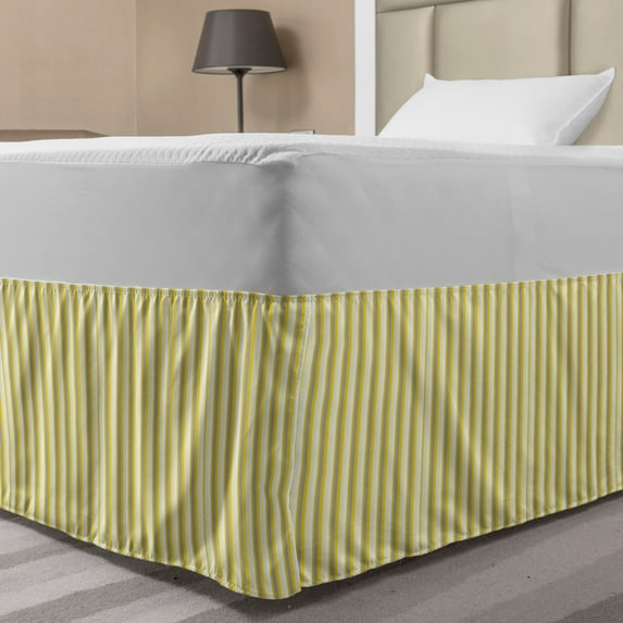 Grey and Yellow Bed Skirt, Circus Tent Inspired Vintage Retro Stripes Modern Image, Elastic Bedskirt Dust Ruffle Wrap Around for Bedding Decor, 4 Sizes, Pale Yellow White, by Ambesonne
