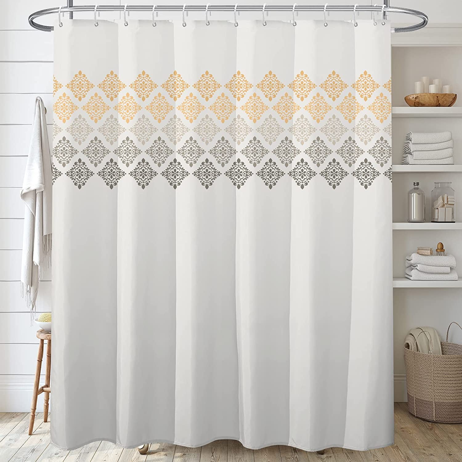Grey Yellow Boho Shower Curtain,Beige Bohemian Chic Shower Curtains Set