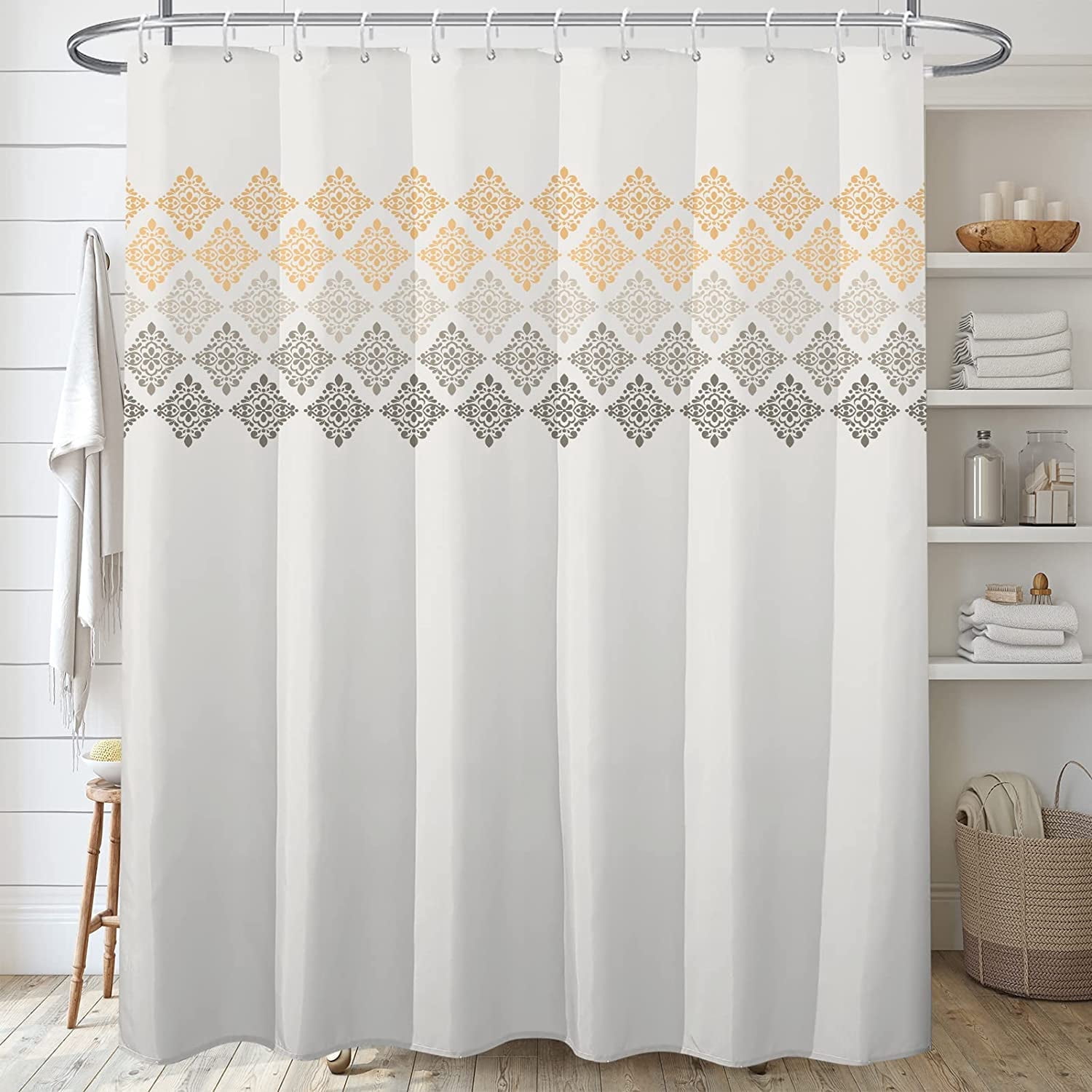 Grey Yellow Boho Shower Curtain,Beige Bohemian Chic Shower Curtains Set for Bathroom with 12 Hooks,Modern Farmhouse Bath Curtain 72x72in,Waterproof Fabric,Machine Washable