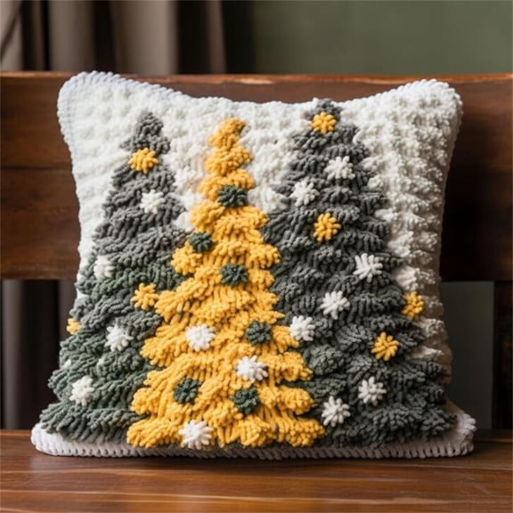 Grey and Yellow Christmas Tree DIY Latch Hook Pillow with Printed Canvas Crochet Yarn Embroidery Cushion Handmade Hook and Latch Kit Pillowcase for Christmas Decoration 43x43cm