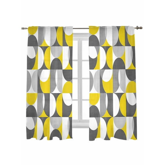 Grey Yellow, Curtains 72 Inch Length, Sheer Curtains for Bedroom Living Room Window Middle Century Abstract Geomrtry Rod Pocket Voile Drapes Kitchen Curtains Small Half Window 52"x72" 2 Panels