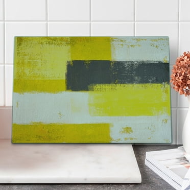 Grey and Yellow Cutting Board, Abstract Grunge Style Brushstrokes Painting Contemporary Illustration, Decorative Tempered Glass Cutting and Serving Board, Large Size, White Charcoal, by Ambesonne