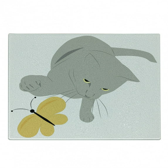 Grey and Yellow Cutting Board, Cat Pet Feline Best Friend Playing with Spring Butterfly Print, Decorative Tempered Glass Cutting and Serving Board, Small Size, Black Marigold and Grey, by Ambesonne