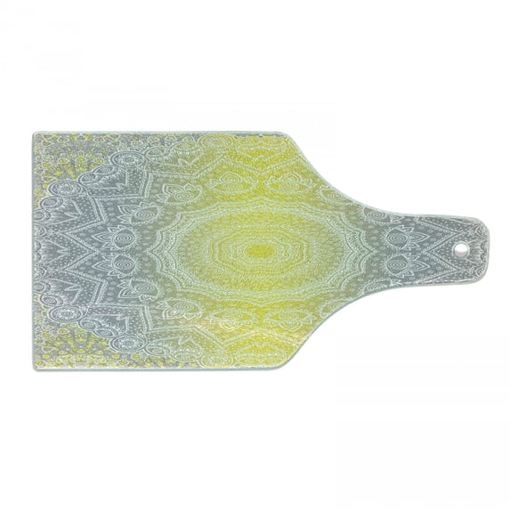 Grey and Yellow Cutting Board, Mandala Ombre Old Boho Pattern with Spiral Round Floral Print, Decorative Tempered Glass Cutting and Serving Board, Wine Bottle Shape, Yellow Grey, by Ambesonne
