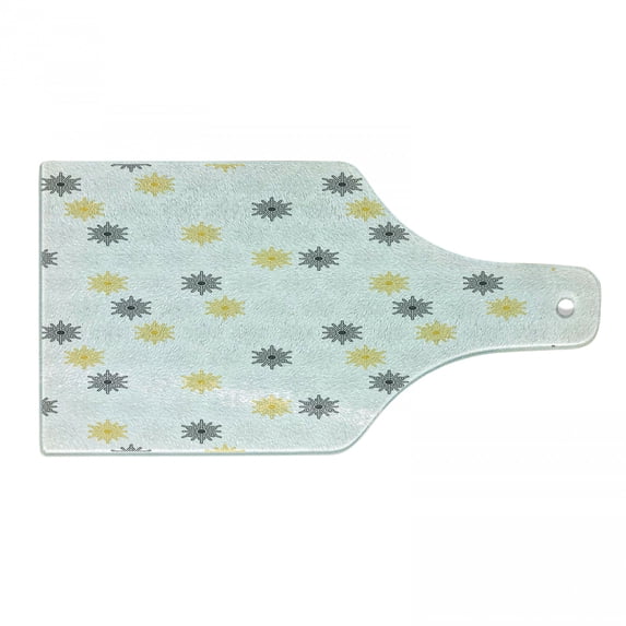 Grey and Yellow Cutting Board, Moroccan Style Modern Sun Beam Flowers with Rounds Dots Image, Decorative Tempered Glass Cutting and Serving Board, Wine Bottle Shape, Pale Grey Black, by Ambesonne