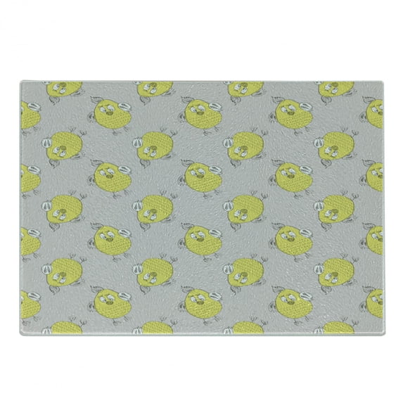 Grey and Yellow Cutting Board, Sketchy Hand Drawn Design of Cartoon Owls Modern Hipster Style Image, Decorative Tempered Glass Cutting and Serving Board, Small Size, Marigold and Teal, by Ambesonne