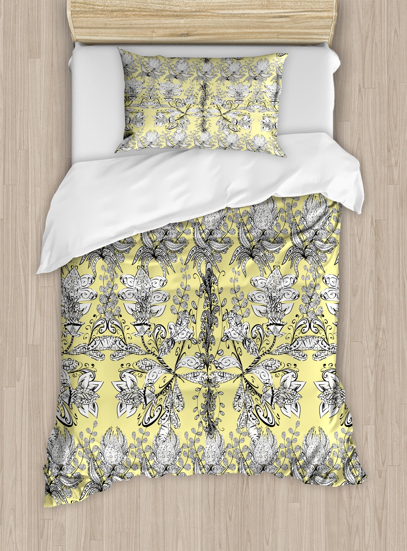 Grey and Yellow Duvet Cover Set, Bohem Design with Flowers Leaves