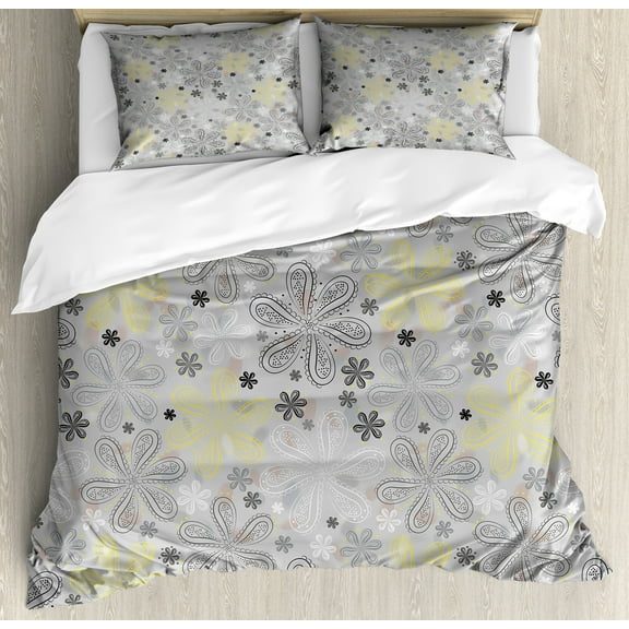 Grey and Yellow Duvet Cover Set, Bohem Style Paisley Print Flowers Dots Art Image, Decorative 3 Piece Bedding Set with 2 Pillow Shams, Calking Size, Pale Grey White, by Ambesonne