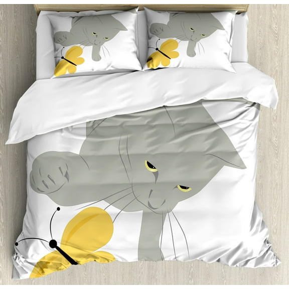 Grey and Yellow Duvet Cover Set, Cat Pet Feline Best Friend Playing with Spring Butterfly Print, Decorative 3 Piece Bedding Set with 2 Pillow Shams, Queen Size, Black Marigold and Grey, by Ambesonne