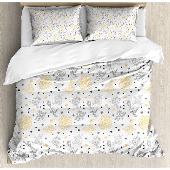 Grey and Yellow Duvet Cover Set, Grunge Sketchy Romantic Roses Leaves Cotton Flowers with Dots Image, Decorative 3 Piece Bedding Set with 2 Pillow Shams, King Size, Yellow Grey White, by Ambesonne