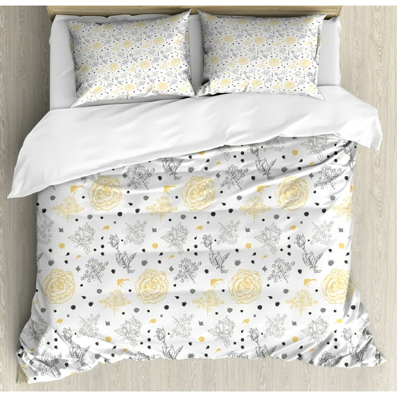 Grey and Yellow Duvet Cover Set, Grunge Sketchy Romantic Roses Leaves Cotton Flowers with Dots Image, Decorative 3 Piece Bedding Set with 2 Pillow Shams, Queen Size, Yellow Grey White, by Ambesonne