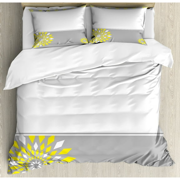 Grey and Yellow Duvet Cover Set, Modern Futuristic Border with Geometric Flower Frame, Decorative 3 Piece Bedding Set with 2 Pillow Shams, Calking Size, Pale Grey Marigold, by Ambesonne