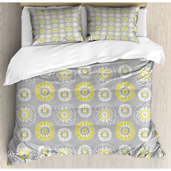 Grey and Yellow Duvet Cover Set, Pale Grey Backdrop with Inspired Flowers Ivy Image, Decorative 3 Piece Bedding Set with 2 Pillow Shams, Calking Size, Mustard Yellow and White, by Ambesonne