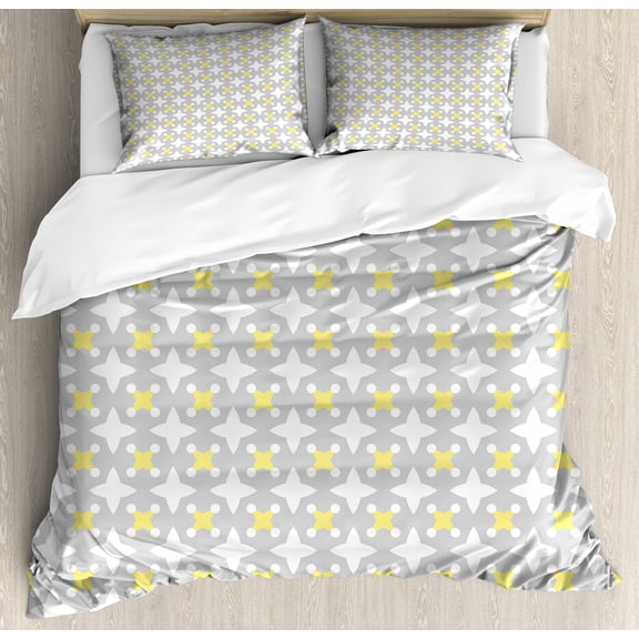 Grey and Yellow Duvet Cover Set, Retro Geometric Vintage Design Star Shapes with Dots, Decorative 3 Piece Bedding Set with 2 Pillow Shams, Calking Size, Pale Yellow Warm Taupe, by Ambesonne