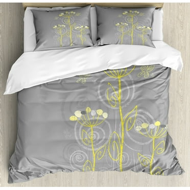 Grey and Yellow Duvet Cover Set, Under the Sea Inspired Flowers Abstract Swirls Backdrop, Decorative 3 Piece Bedding Set with 2 Pillow Shams, Calking Size, Grey Yellow, by Ambesonne