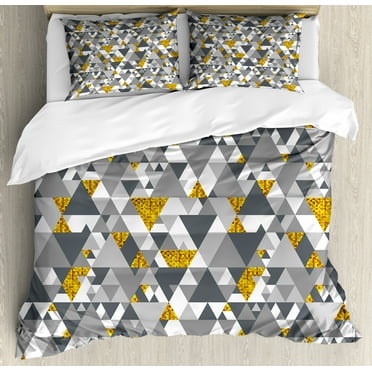 Grey and Yellow Duvet Cover Set, Zig Zag Triangles Futuristic Design with Yellow Details, Decorative 3 Piece Bedding Set with 2 Pillow Shams, Calking Size, Charcoal Grey Marigold, by Ambesonne