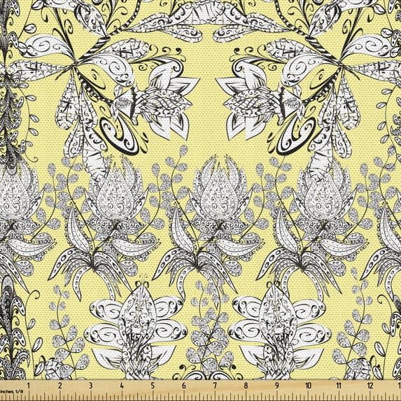 Ambesonne Black White Fabric by the Yard Upholstery, Floral Swirls and Dots, 10 Yards, Black and White
