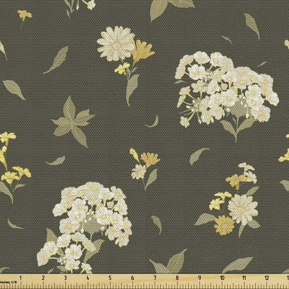 Grey Yellow Fabric by the Yard, Continuous Flowers Bouquet in Autumnal Tones, Decorative Upholstery Fabric for Sofas and Home Accents, 2 Yards, Army Green Cream by Ambesonne