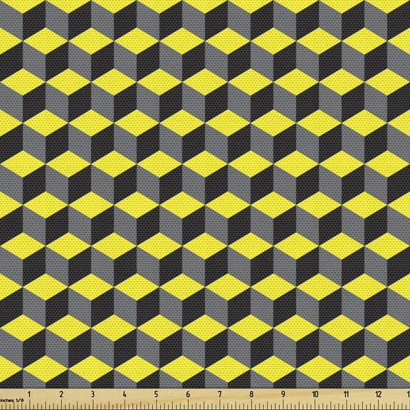 Grey Yellow Fabric by the Yard, Optical Illusion Abstract Cubes in Vivid Tones Pattern, Decorative Upholstery Fabric for Sofas and Home Accents, 1 Yard, Yellow Dimgray by Ambesonne