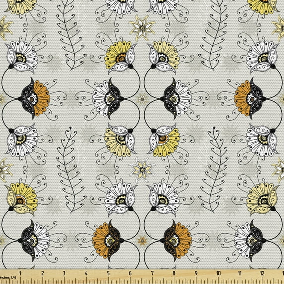 Ambesonne Ethnic Fabric by the Yard Upholstery, Paisley Flowers, 1 Yard, Pale Grey Marigold
