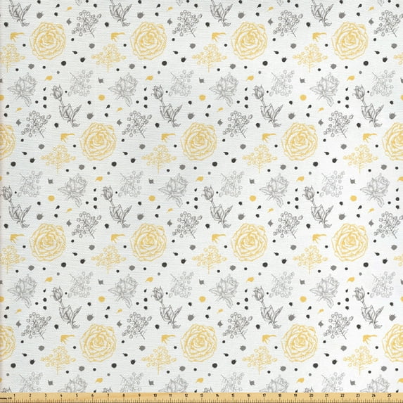 Ambesonne Grunge Fabric by the Yard Upholstery, Roses Flowers, 2 Yards, Yellow Grey White