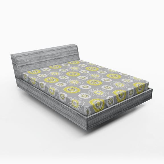 Ambesonne Pale Grey Fitted Sheet, Flowers Swirls, Queen Size, Mustard Yellow and White