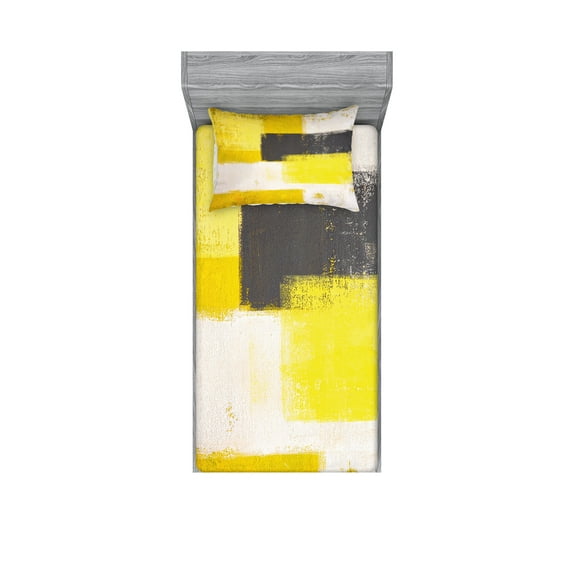 Grey and Yellow Fitted Sheet & Pillow Sham Set, Abstract Grunge Style Brushstrokes Painting Contemporary Illustration, Decorative Printed 4 Piece Bedding Decor Set, Twin, Grey Yellow, by Ambesonne