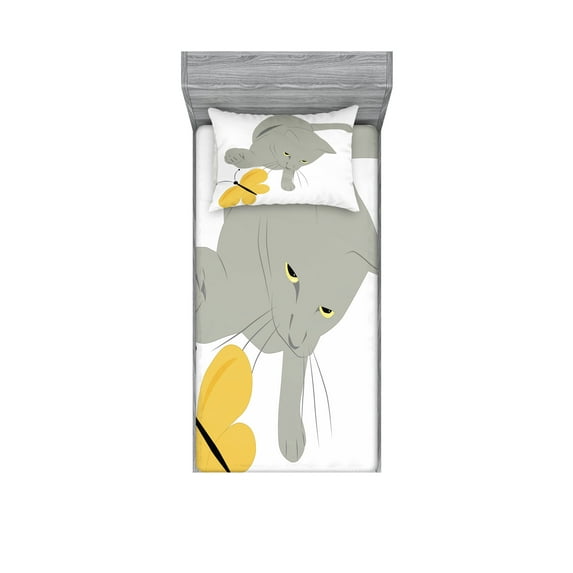 Grey Yellow Fitted Sheet & Pillow Sham Set, Cat Pet Feline Best Friend Playing with Spring Butterfly Print, Decorative Printed 4 Piece Bedding Decor Set, Twin, Black Marigold Grey, by Ambesonne