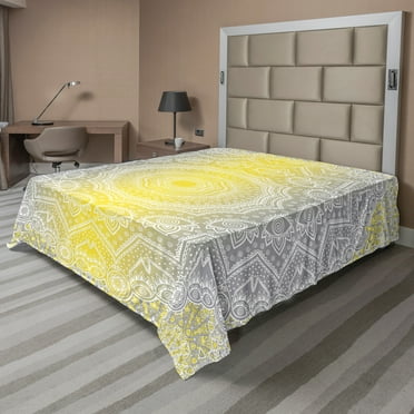Grey and Yellow Flat Sheet, Mandala Ombre Old Boho Pattern with Spiral Round Floral Print, Soft & Comfy Top Sheet Decorative Bedding 1 Piece, California King, Yellow Grey, by Ambesonne