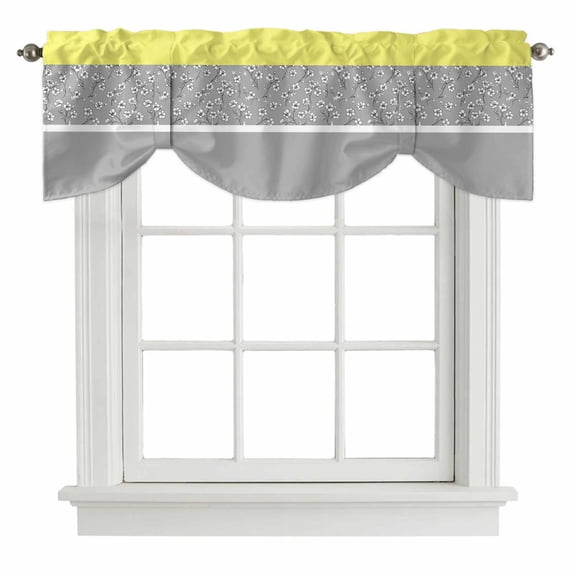 Grey Yellow Flowers Tie Up Valance Curtains for Windows, Kitchen Curtains Window Treatments, Classic Botanical Art Elegant Short Window Shades Valances for Bedroom Bathroom Cafe 54"x18"