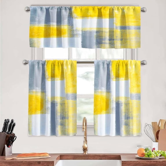 Grey and Yellow Kitchen Curtains Tiers and Valances Set 3 Piece for Windows Grey White Kitchen Window Curtains Set,Modern Abstract Art Valances for Living Room(36" Tiers Set)