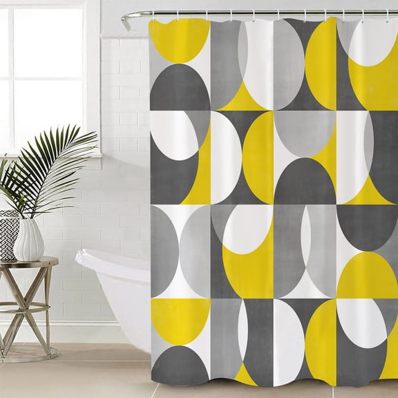 Grey Yellow, Long Shower Curtain Set, Waterproof Shower Curtains for Bathroom, Middle Century Abstract Geomrtry Washable Fabric Cloth Bath Curtain for Bathtub Decoration with Hooks 72x84 Inches