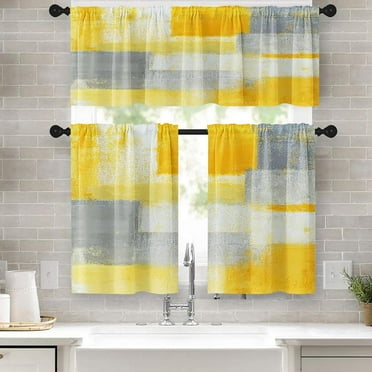 Grey Yellow Painting Kitchen Curtains Contemporary Gray Window Curtains Valance and Tier Set 36 Inch, Abstract Rod Pocket Short Tier Curtain, Modern Small Curtains for Kitchen Decor