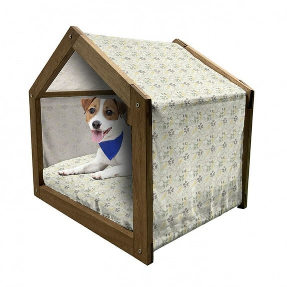 Grey and Yellow Pet House, Vintage Farm Life Modern Inspired Florals Bugs Image, Outdoor & Indoor Portable Dog Kennel with Pillow and Cover, 5 Sizes, Charcoal Grey Marigold, by Ambesonne