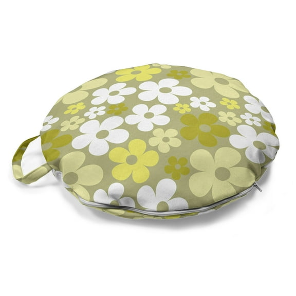 Grey Yellow Round Floor Cushion with Handle, Repeating Motifs Basic Abstract Flowers Continuous Print, Decorative Pillow for Living Room & Dorms, 18" Round, Pastel Yellow Khaki, by Ambesonne