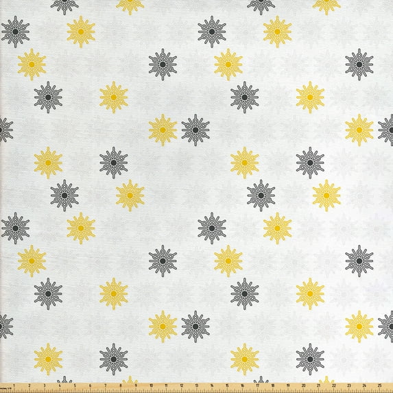 Grey and Yellow Sofa Upholstery Fabric by the Yard, Moroccan Style Modern Sun Beam Flowers with Rounds Dots Image, Decorative Fabric for DIY and Home Accents, Pale Grey Black by Ambesonne