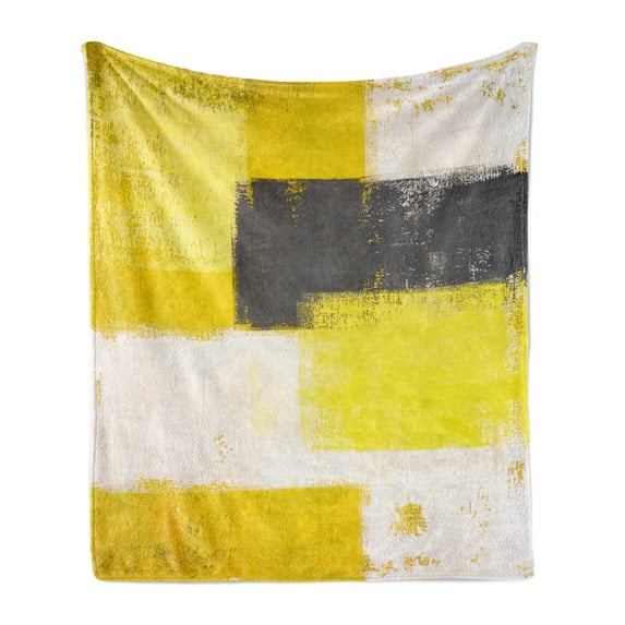 Grey and Yellow Soft Flannel Fleece Throw Blanket, Abstract Grunge Style Brushstrokes Painting Style, Cozy Plush for Indoor and Outdoor Use, 50" x 70", Grey Yellow, by Ambesonne