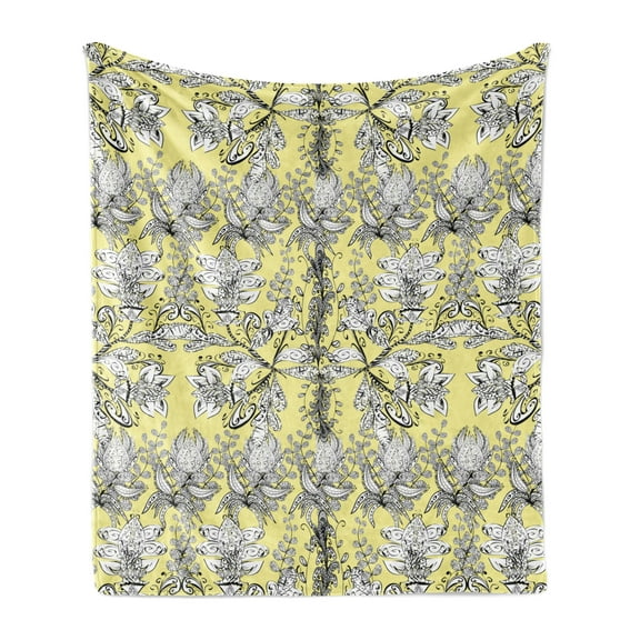 Grey and Yellow Soft Flannel Fleece Throw Blanket, Bohem Design with Flowers Leaves Swirls and Dots Image, Cozy Plush for Indoor and Outdoor Use, 60" x 80", Black and White, by Ambesonne