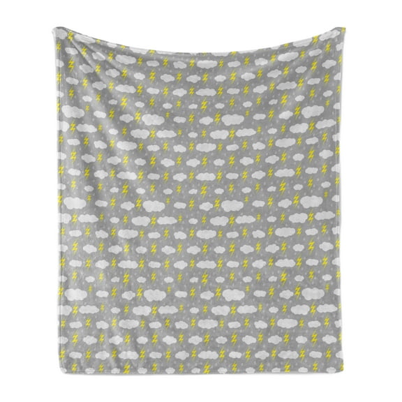 Grey and Yellow Soft Flannel Fleece Throw Blanket, Deluge of Rain Stormy Sky Elements Moody Bad Weather Day, Cozy Plush for Indoor and Outdoor Use, 50" x 60", Pale Grey Yellow, by Ambesonne