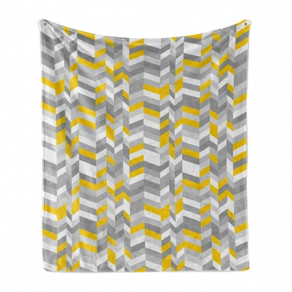 Grey and Yellow Soft Flannel Fleece Throw Blanket, Geometric Vintage 60s Home Pattern Inspired Herringbone Zig Zag Lines, Cozy Plush for Indoor and Outdoor Use, 50" x 70", Grey Yellow, by Ambesonne