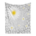 thumbnail image 1 of Grey and Yellow Soft Flannel Fleece Throw Blanket, Hawaiian Island Flowers on Abstract Animal Print Theme Backdrop, Cozy Plush for Indoor and Outdoor Use, 50" x 70", White and Pale Grey, by Ambesonne, 1 of 6