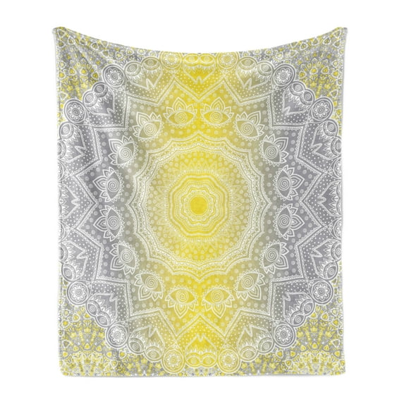 Grey and Yellow Soft Flannel Fleece Throw Blanket, Mandala Ombre Old Boho Pattern with Spiral Round Floral Print, Cozy Plush for Indoor and Outdoor Use, 50" x 60", Yellow Grey, by Ambesonne
