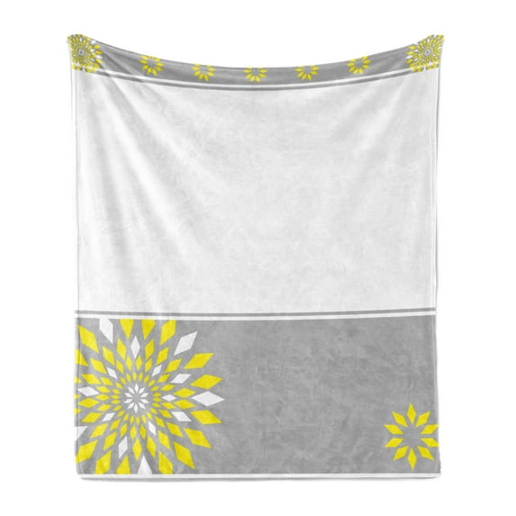 Grey and Yellow Soft Flannel Fleece Throw Blanket, Modern Futuristic Border with Geometric Flower Frame, Cozy Plush for Indoor and Outdoor Use, 60" x 80", Pale Grey Marigold, by Ambesonne