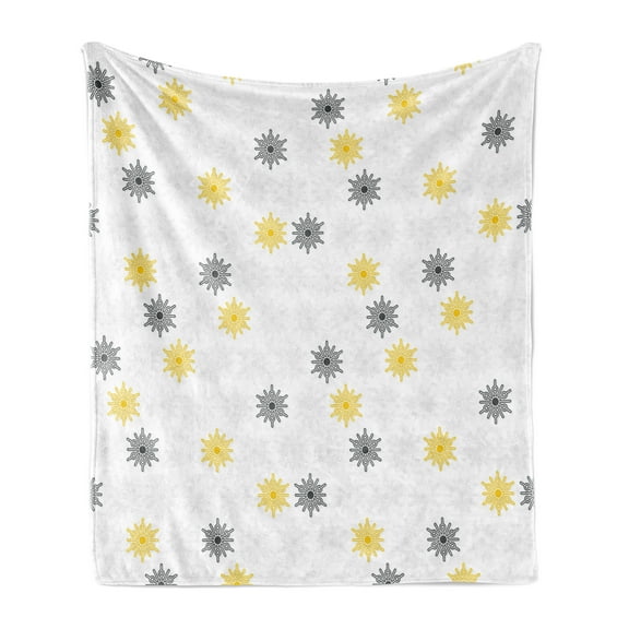 Grey and Yellow Soft Flannel Fleece Throw Blanket, Moroccan Style Modern Sun Beam Flowers with Rounds Dots Image, Cozy Plush for Indoor and Outdoor Use, 50" x 70", Black and Pale Grey, by Ambesonne