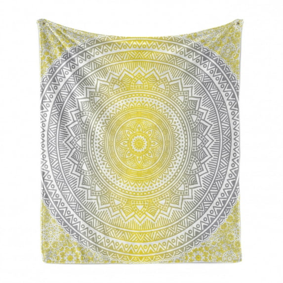 Grey and Yellow Soft Flannel Fleece Throw Blanket, Soft Pastel Color Ombre Mandala Circular Art Medallion Print, Cozy Plush for Indoor and Outdoor Use, 50" x 70", Grey Yellow, by Ambesonne
