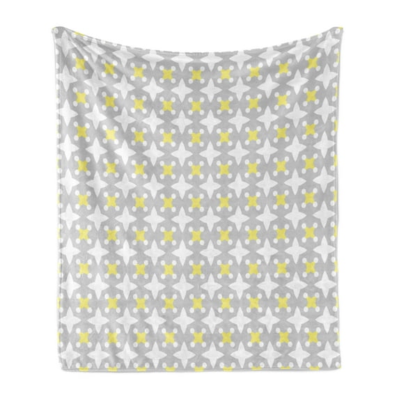 Grey and Yellow Soft Flannel Fleece Throw Blanket, Retro Geometric Vintage Design Star Shapes with Dots, Cozy Plush for Indoor and Outdoor Use, 50" x 60", Pale Yellow Warm Taupe, by Ambesonne