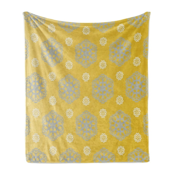 Grey and Yellow Soft Flannel Fleece Throw Blanket, Retro Vintage Bohemic Image of Flowers Swilrs Art Print, Cozy Plush for Indoor and Outdoor Use, 60" x 80", Blue Grey Marigold, by Ambesonne