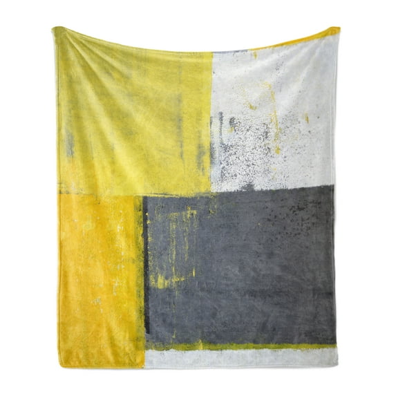 Grey and Yellow Soft Flannel Fleece Throw Blanket, Street Art Modern Grunge Abstract Design Squares, Cozy Plush for Indoor and Outdoor Use, 70" x 90", Grey Yellow, by Ambesonne